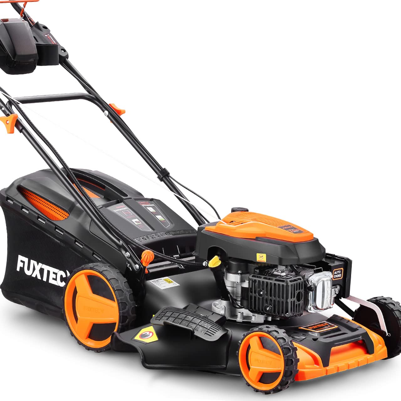 FUXTEC 4in1 Benzin Rasenmäher FX-RM5196eSPRO mit E-Start und regulierbarem Selbstantrieb, Gartenmäher inkl. Frontstoßstange, 51 cm Schnittbreite, kugelgelagerte Big Wheel Räder, 60L Grasfangkorb