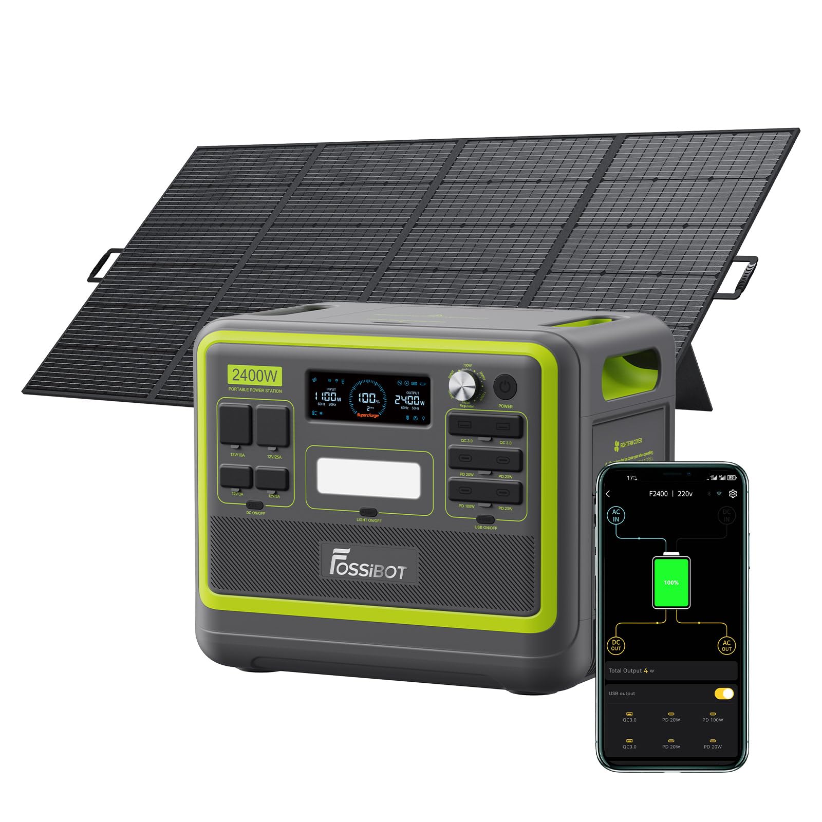 FOSSiBOT F2400 Solargenerator mit Solar panel 400W, 2048Wh, LiFePO4 Tragbare Powerstation, 3 Ausgang AC 2400W (4800W Peak), 1100W Schnellladung, Power Station für Camping, Reisen