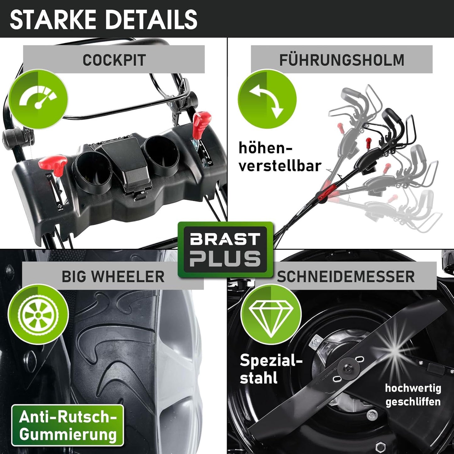 BRAST® Benzin Rasenmäher mit Antrieb | 5,2kW (7PS) | 55cm Schnittbreite | viele Modelle | TÜV | 30-80mm Schnitthöhe | 60L Fangkorb | 4 Takt OHV Motor | Stahlgehäuse | Speed