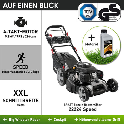 BRAST® Benzin Rasenmäher mit Antrieb | 5,2kW (7PS) | 55cm Schnittbreite | viele Modelle | TÜV | 30-80mm Schnitthöhe | 60L Fangkorb | 4 Takt OHV Motor | Stahlgehäuse | Speed