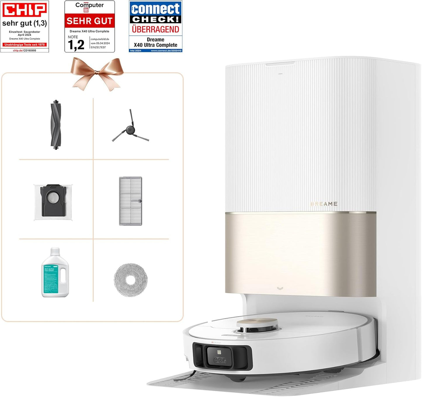 dreame X40 Ultra Complete Robot Vacuum Cleaner with Mop Function, 12,000Pa Suction Power, 70°C Mop, Self-Cleaning, Automatic Emptying, Automatic Refilling, Anti-Tangle and Liftable Brushes