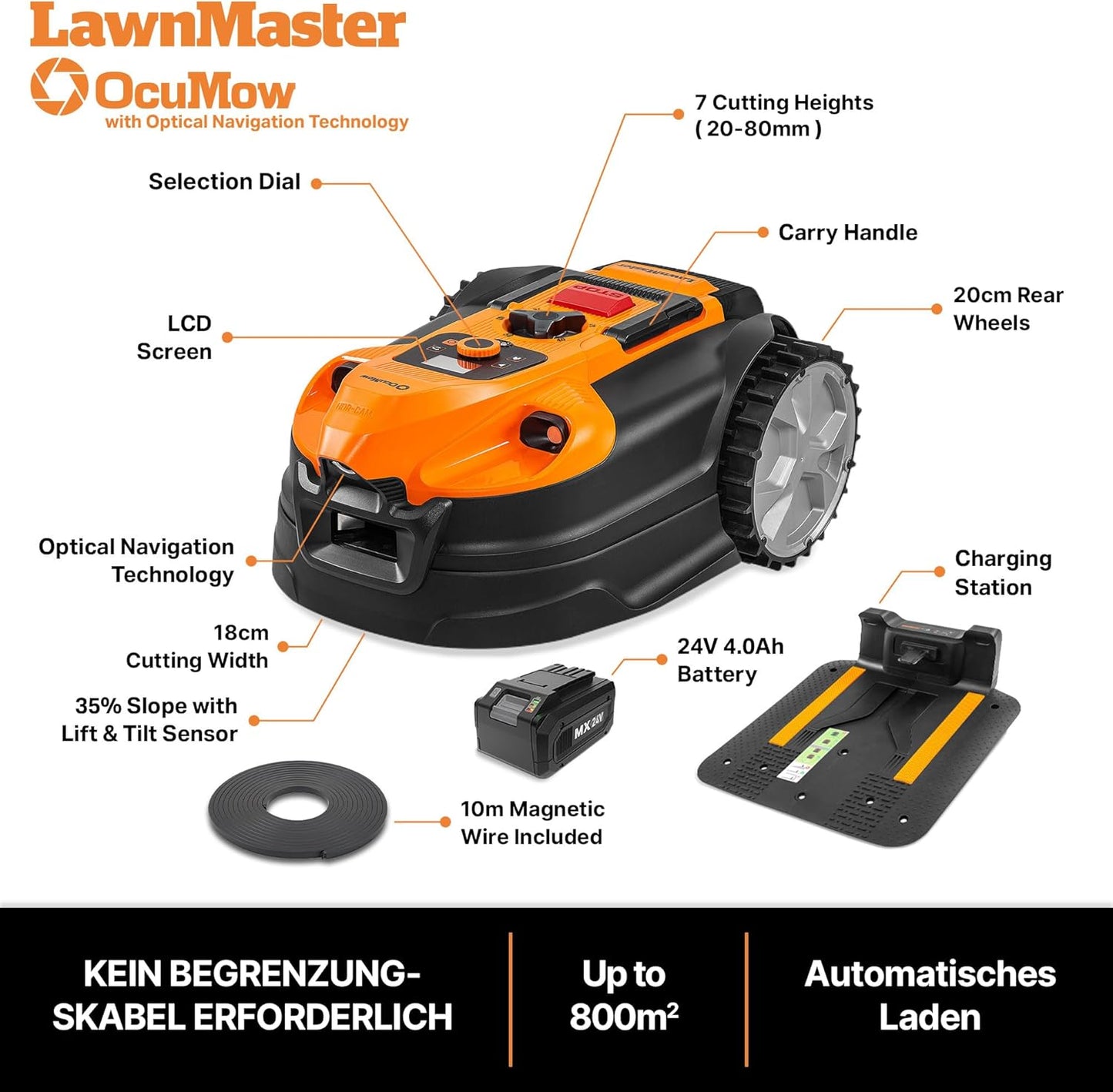 LawnMaster VBRM18AMID4R Mähroboter 800 m², ohne Kabel, WiFi & App