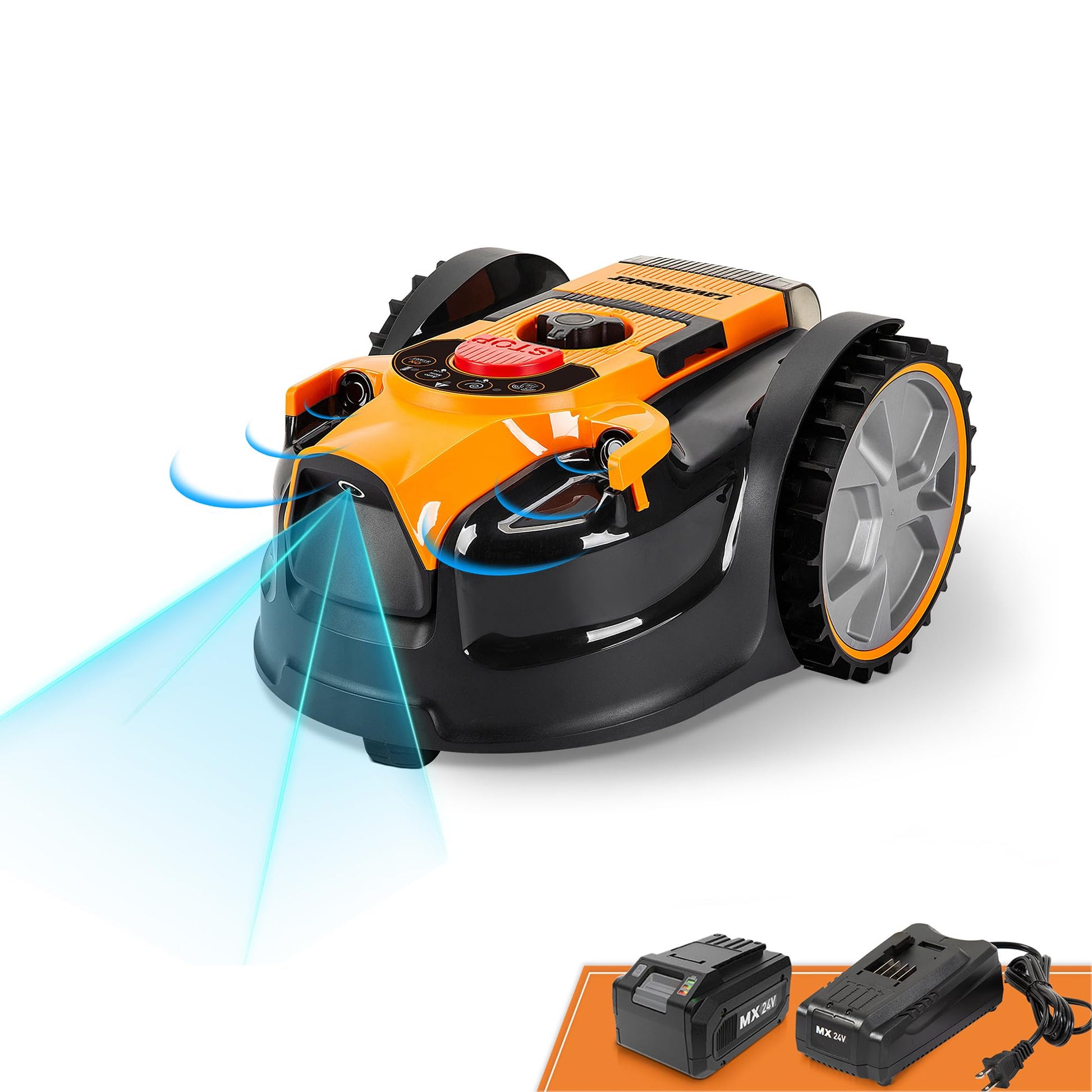 LawnMaster OcuMow™ Roboter-Rasenmäher mit kabellosem 24V MAX 10-Zoll-Gras-Trimmer-Kombi-Set, optische Navigation, automatische Hindernisvermeidung, punktgenauer Schnitt.