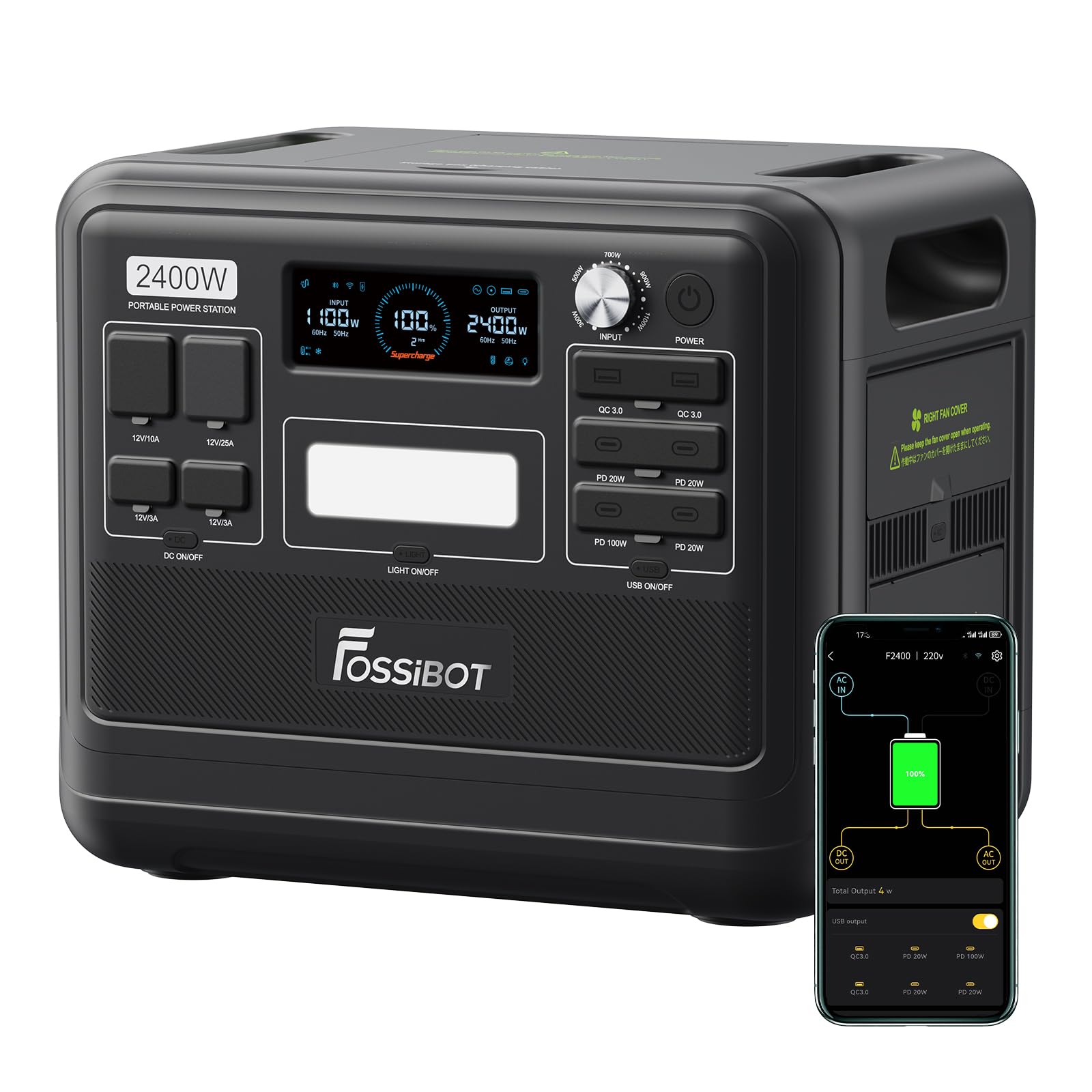FOSSiBOT Tragbare Powerstation F2400, Solargenerator 2048Wh LiFePO4 Batterie-Backup mit 2400W 3X AC Ausgängen (4800W Peak) 230V, Power Station für Outdoor-Camping, Wohnmobil-Reisen, Hausgebrauch