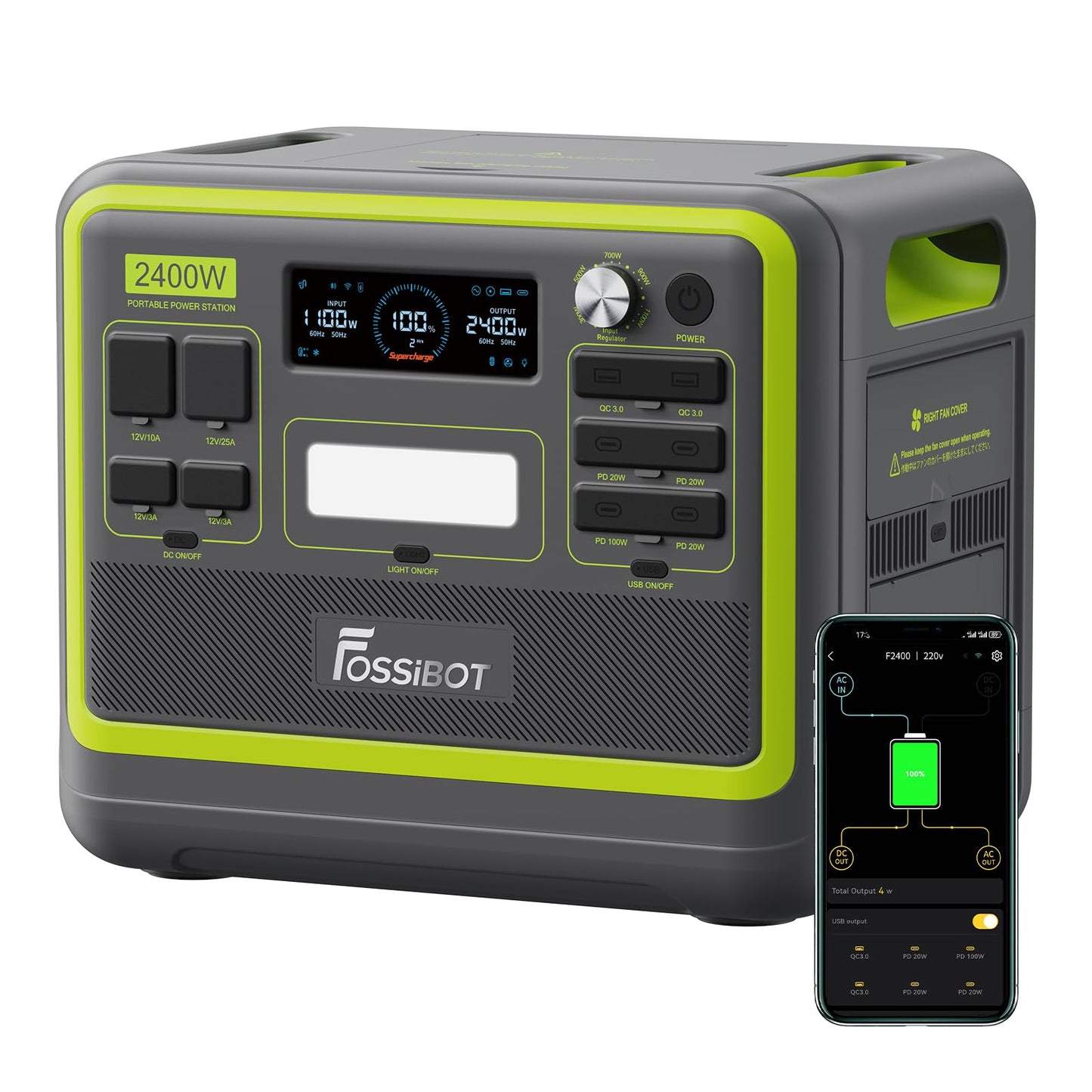 FOSSIBOT F2400 Solargenerator, Tragbare Powerstation 2048Wh LiFePO4 Batterie-Backup mit 2400W AC Ausgängen (4800W Peak), Power station für Outdoor-Camping, Wohnmobil-Reisen, Hausgebrauch