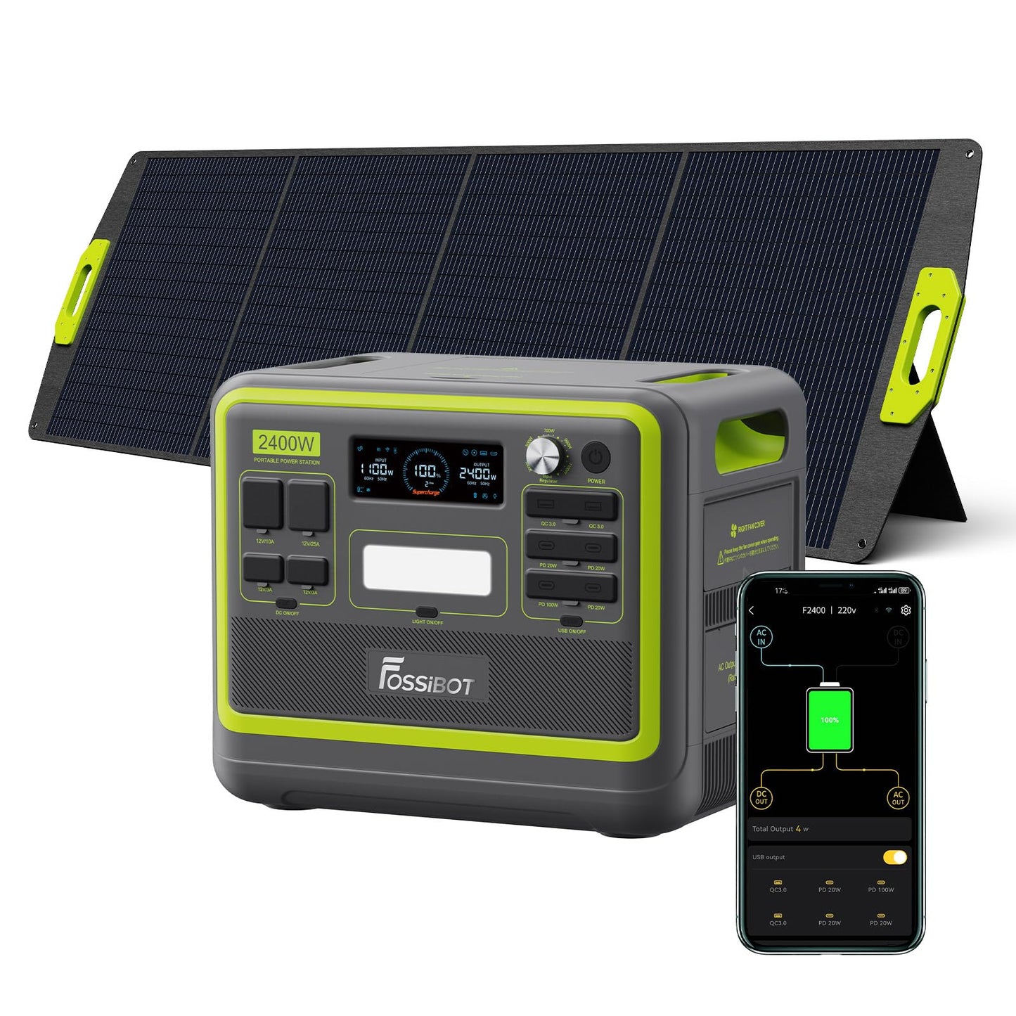 FOSSiBOT F2400 Solar Generator mit 200W Solar Panel, 2400W Tragbare Powerstation 2048Wh LiFePO4 with 3AC Ausgabe (4800W Peak), 13 Steckdosen Stromspeicher für Outdoor, Camping im Wohnmobil Backup