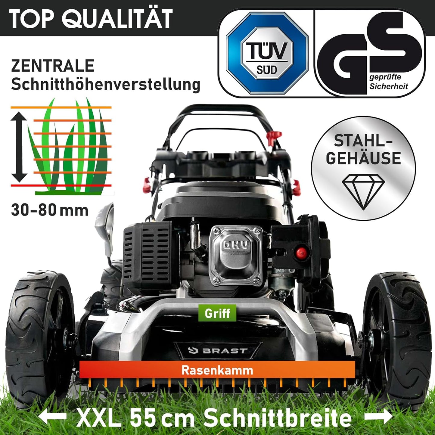BRAST® Benzin Rasenmäher mit Antrieb | 5,2kW (7PS) | 55cm Schnittbreite | viele Modelle | TÜV | 30-80mm Schnitthöhe | 60L Fangkorb | 4 Takt OHV Motor | Stahlgehäuse | Speed