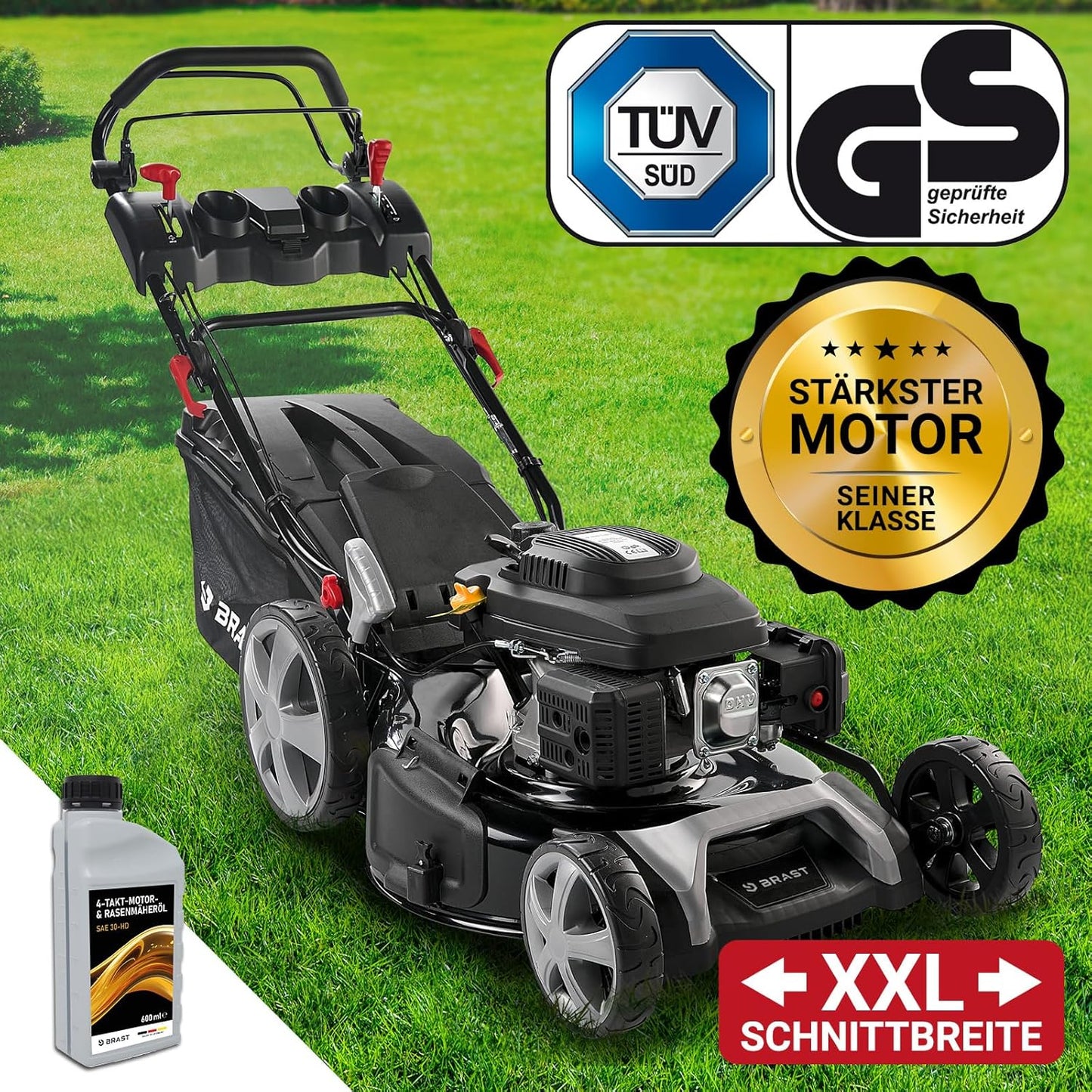 BRAST® Benzin Rasenmäher mit Antrieb | 5,2kW (7PS) | 55cm Schnittbreite | viele Modelle | TÜV | 30-80mm Schnitthöhe | 60L Fangkorb | 4 Takt OHV Motor | Stahlgehäuse | Speed